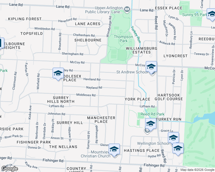 map of restaurants, bars, coffee shops, grocery stores, and more near 2131 Nayland Road in Columbus