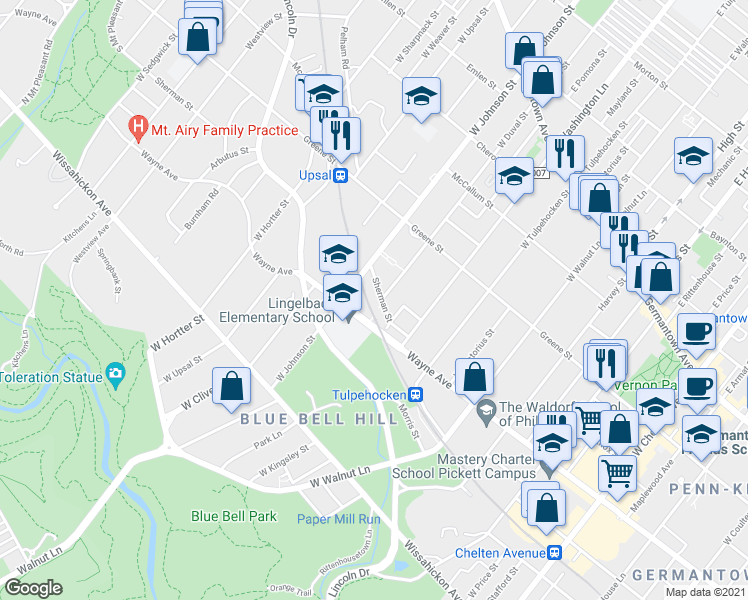 map of restaurants, bars, coffee shops, grocery stores, and more near 6346 Sherman Street in Philadelphia