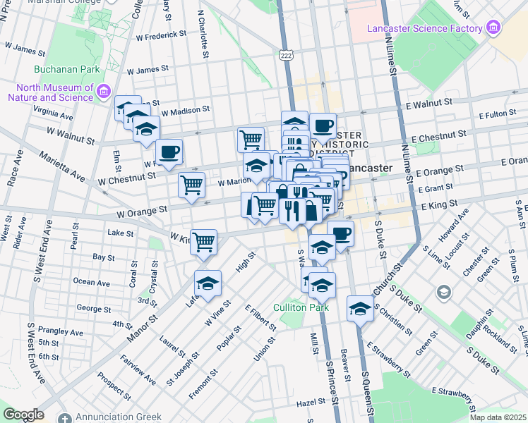 map of restaurants, bars, coffee shops, grocery stores, and more near 27 North Mulberry Street in Lancaster