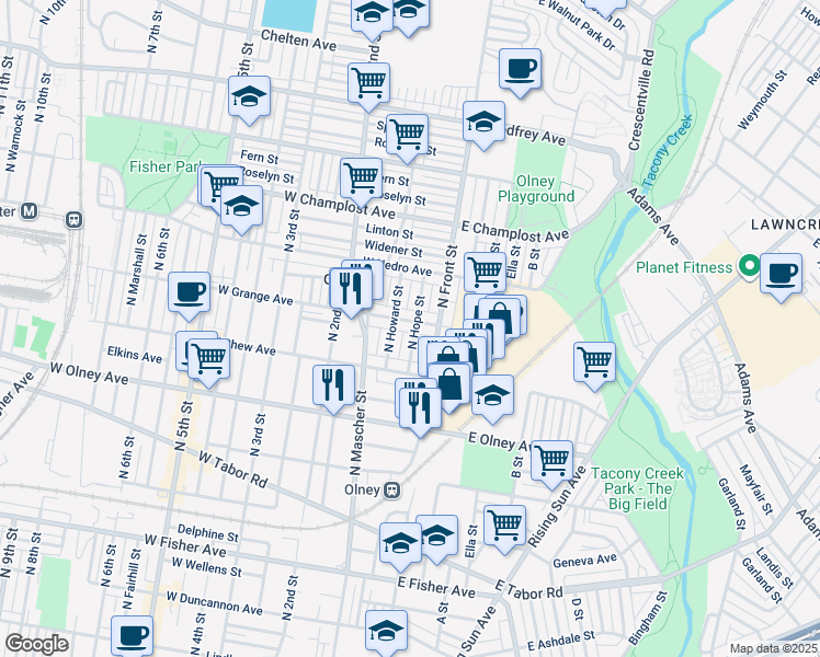 map of restaurants, bars, coffee shops, grocery stores, and more near 130 West Grange Avenue in Philadelphia
