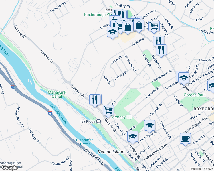 map of restaurants, bars, coffee shops, grocery stores, and more near 6910 Cliff Road in Philadelphia