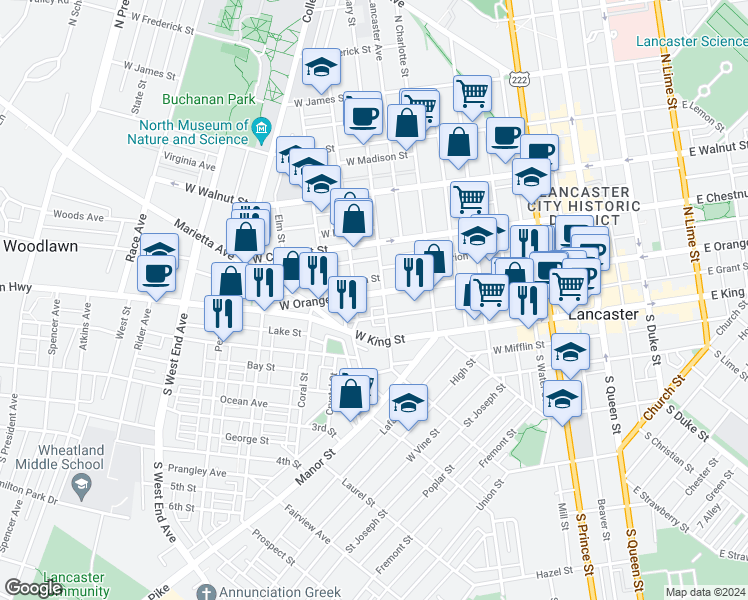 map of restaurants, bars, coffee shops, grocery stores, and more near 510 West Orange Street in Lancaster