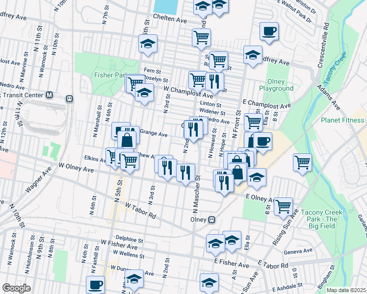 map of restaurants, bars, coffee shops, grocery stores, and more near 202 Furley Street in Philadelphia