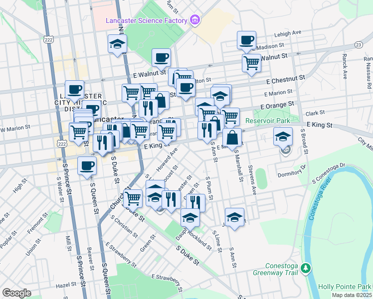map of restaurants, bars, coffee shops, grocery stores, and more near 20 Locust Street in Lancaster