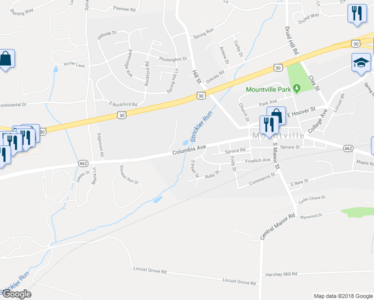 map of restaurants, bars, coffee shops, grocery stores, and more near 301 Columbia Avenue in Mountville