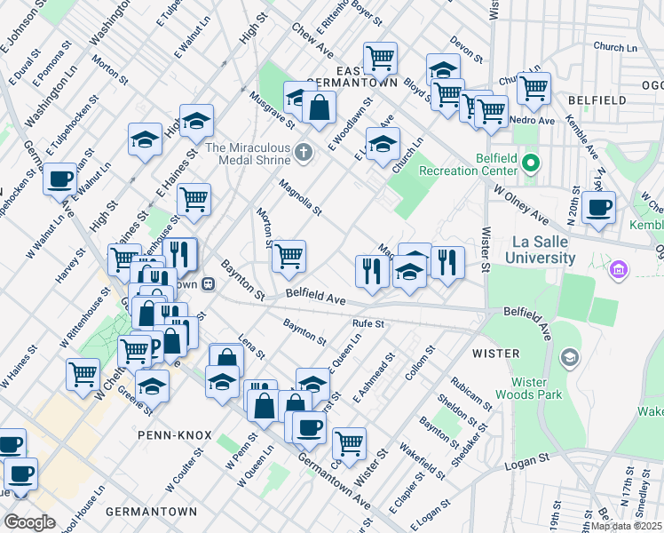 map of restaurants, bars, coffee shops, grocery stores, and more near 400 Church Lane in Philadelphia