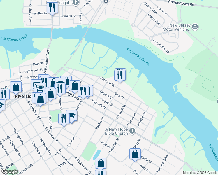 map of restaurants, bars, coffee shops, grocery stores, and more near 404 Leach Street in Riverside