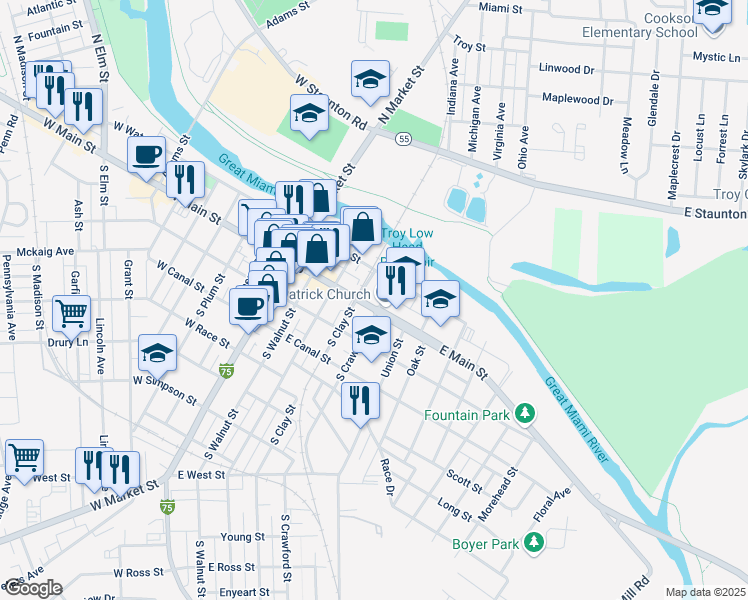 map of restaurants, bars, coffee shops, grocery stores, and more near 323 East Main Street in Troy
