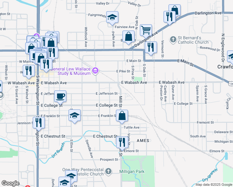 map of restaurants, bars, coffee shops, grocery stores, and more near 809 East Jefferson Street in Crawfordsville