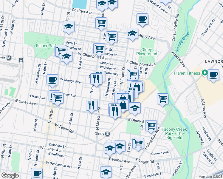 map of restaurants, bars, coffee shops, grocery stores, and more near 134 West Grange Avenue in Philadelphia
