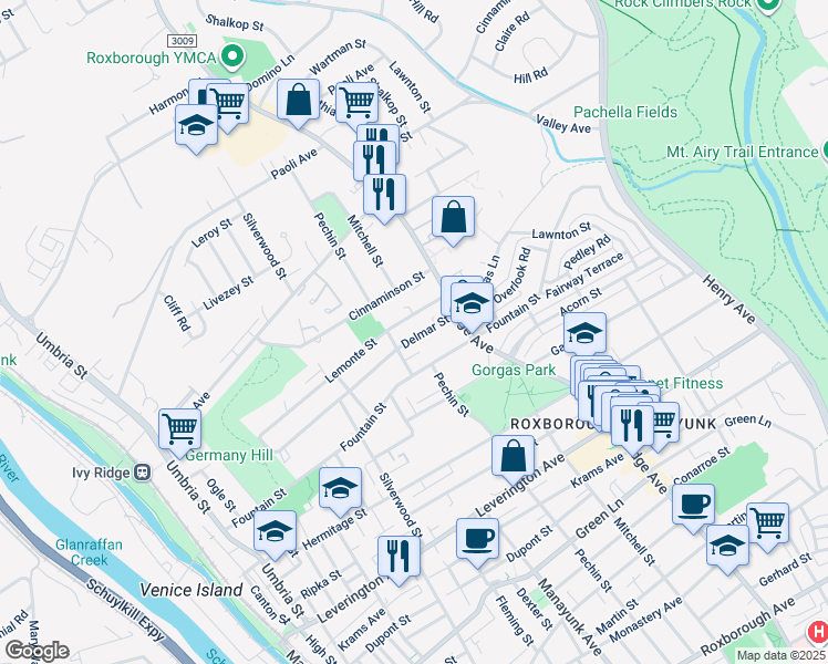 map of restaurants, bars, coffee shops, grocery stores, and more near 424 Delmar Street in Philadelphia