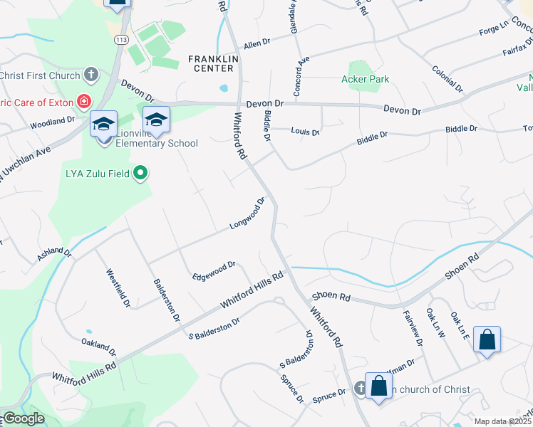 map of restaurants, bars, coffee shops, grocery stores, and more near 402 Longwood Drive in Exton