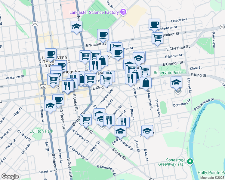 map of restaurants, bars, coffee shops, grocery stores, and more near 21 Howard Avenue in Lancaster