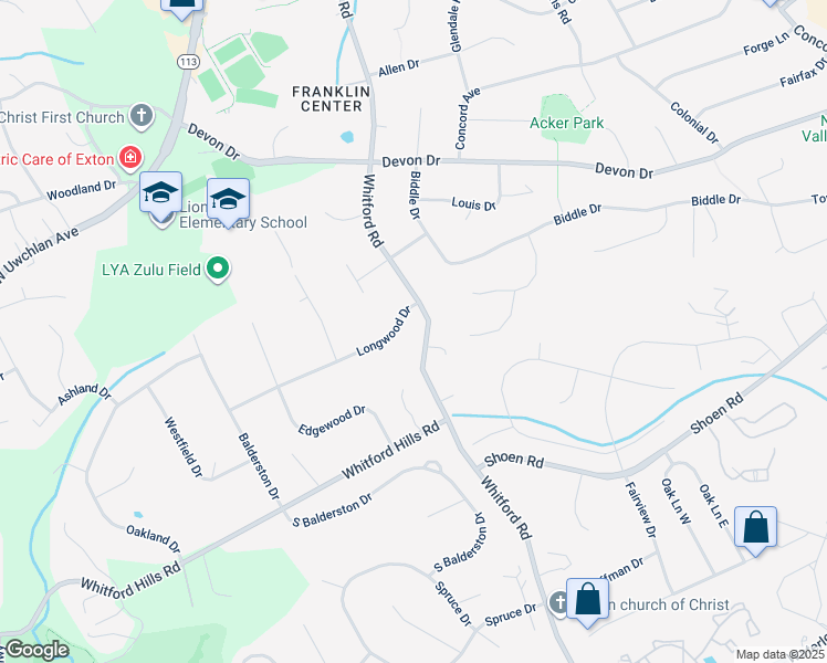map of restaurants, bars, coffee shops, grocery stores, and more near 402 Longwood Drive in Exton