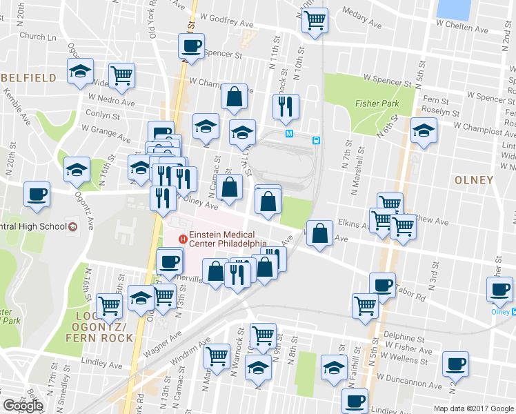 map of restaurants, bars, coffee shops, grocery stores, and more near 5620 North Warnock Street in Philadelphia