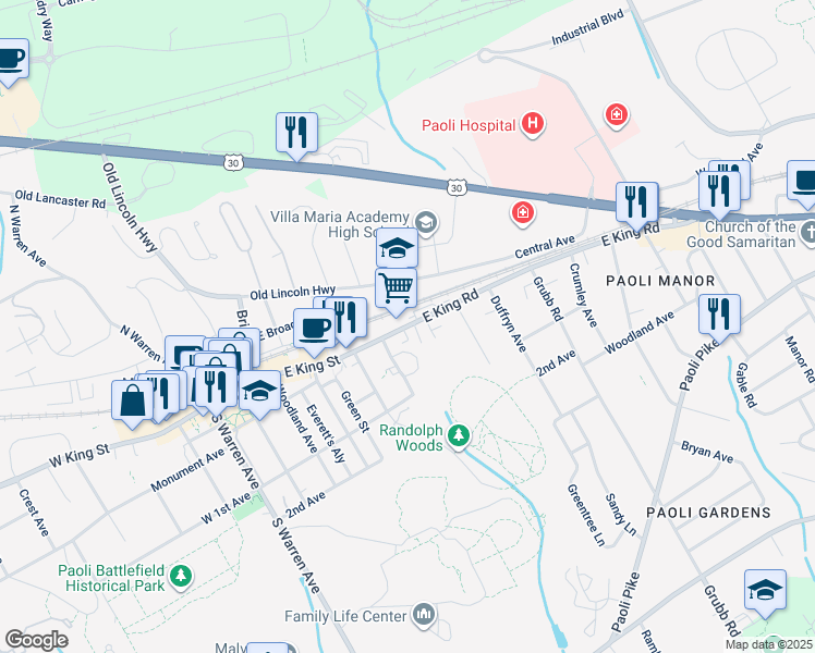 map of restaurants, bars, coffee shops, grocery stores, and more near 470 East King Street in Malvern