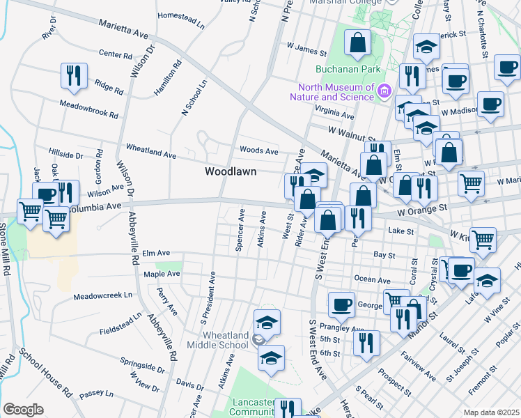 map of restaurants, bars, coffee shops, grocery stores, and more near 1038 Columbia Avenue in Lancaster