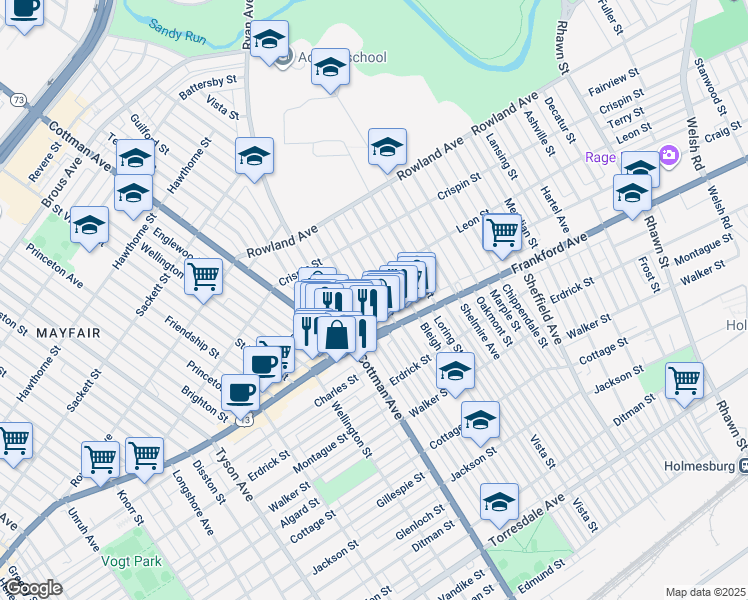 map of restaurants, bars, coffee shops, grocery stores, and more near 3522 Tudor Street in Philadelphia