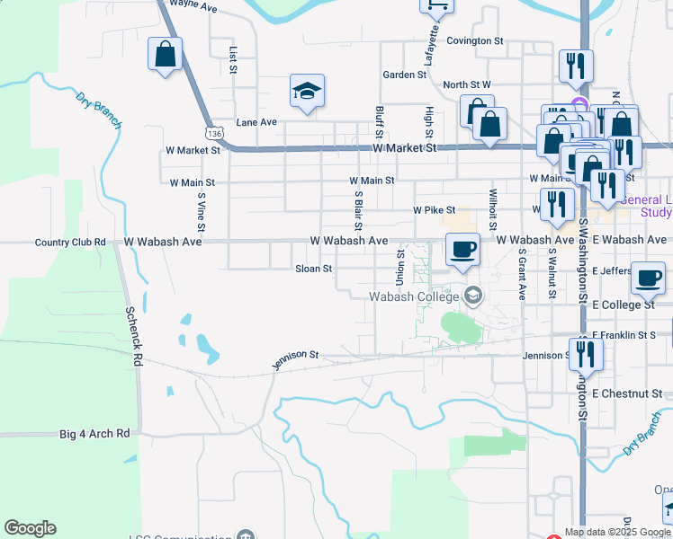 map of restaurants, bars, coffee shops, grocery stores, and more near 406 Meadow Avenue in Crawfordsville