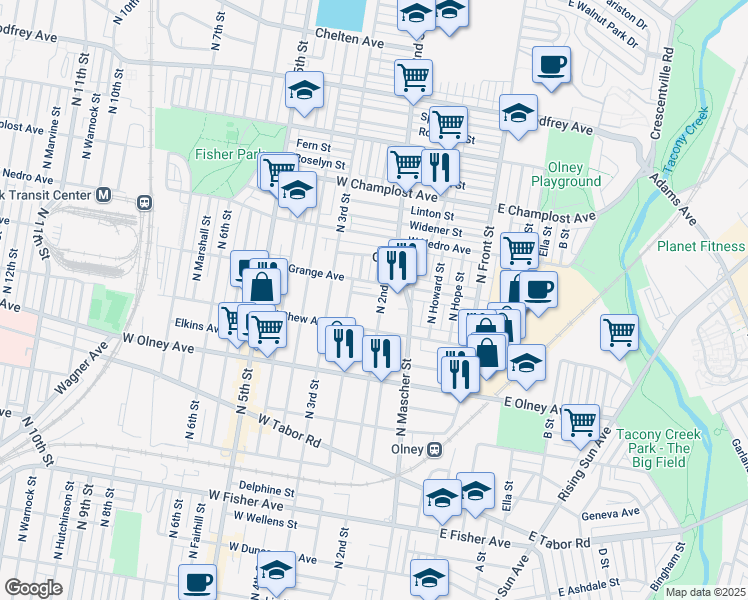 map of restaurants, bars, coffee shops, grocery stores, and more near 206 Furley Street in Philadelphia