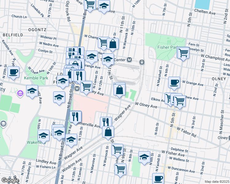 map of restaurants, bars, coffee shops, grocery stores, and more near 5620 North Warnock Street in Philadelphia