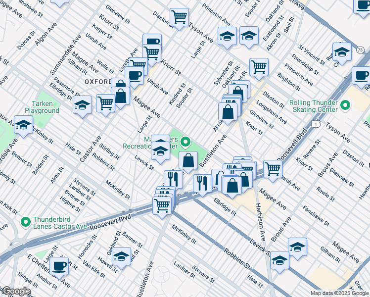 map of restaurants, bars, coffee shops, grocery stores, and more near 1601 Hellerman Street in Philadelphia
