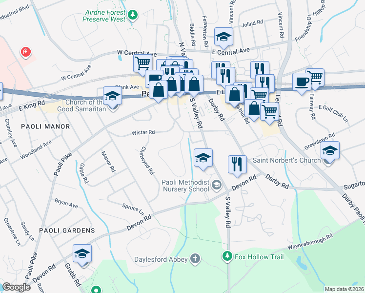 map of restaurants, bars, coffee shops, grocery stores, and more near 7 Cobblestone Drive in Paoli