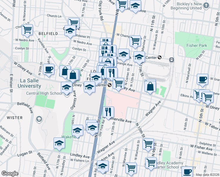 map of restaurants, bars, coffee shops, grocery stores, and more near 1335 West Tabor Road in Philadelphia