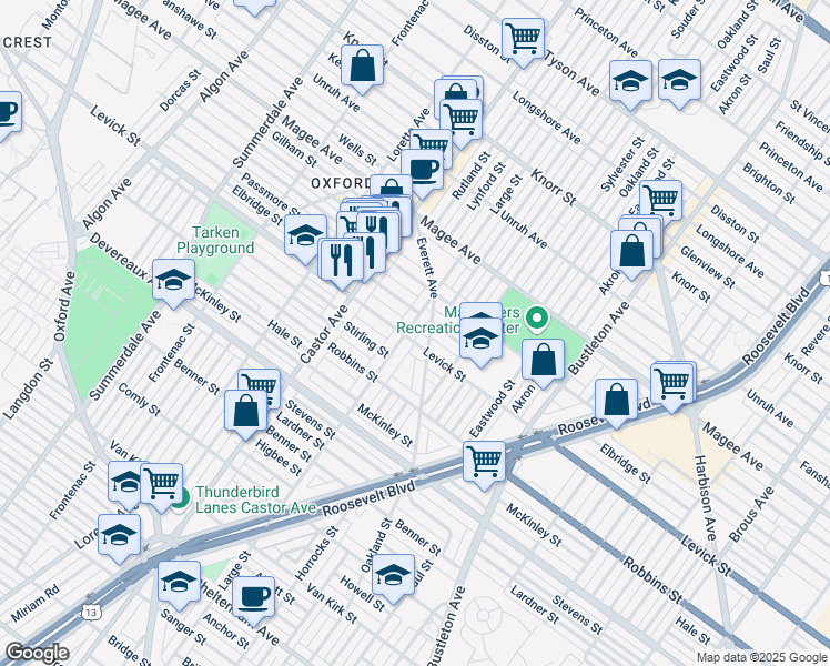 map of restaurants, bars, coffee shops, grocery stores, and more near 1516 Levick Street in Philadelphia