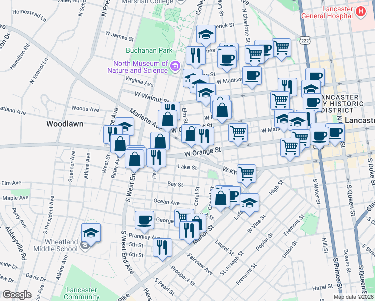 map of restaurants, bars, coffee shops, grocery stores, and more near 626 West Orange Street in Lancaster