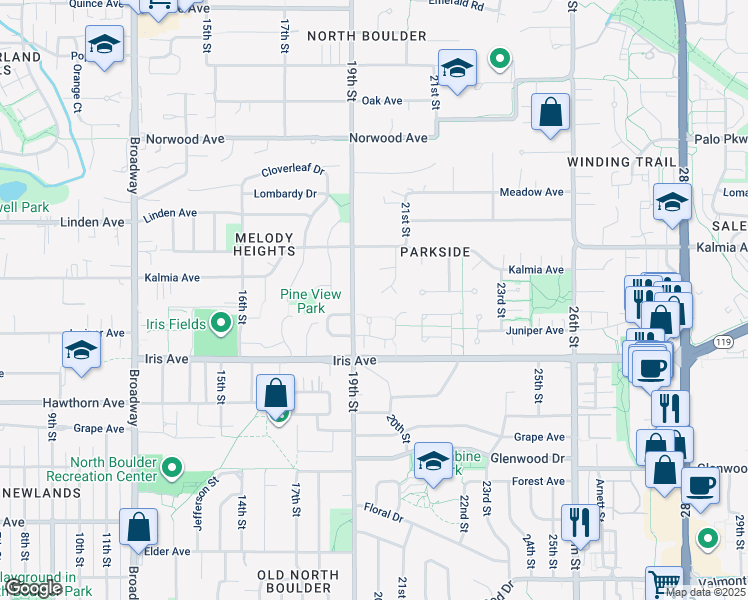 map of restaurants, bars, coffee shops, grocery stores, and more near 3500 Kirkwood Place in Boulder