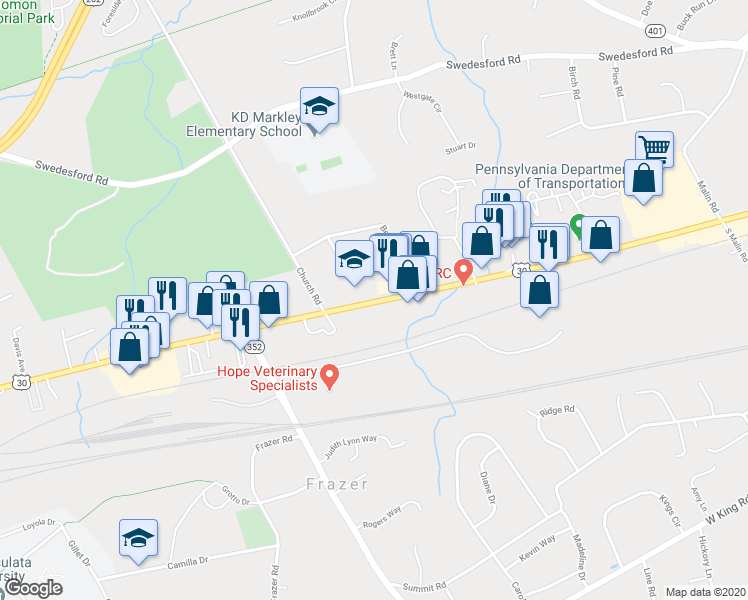 map of restaurants, bars, coffee shops, grocery stores, and more near 375 U.S. 30 in Malvern