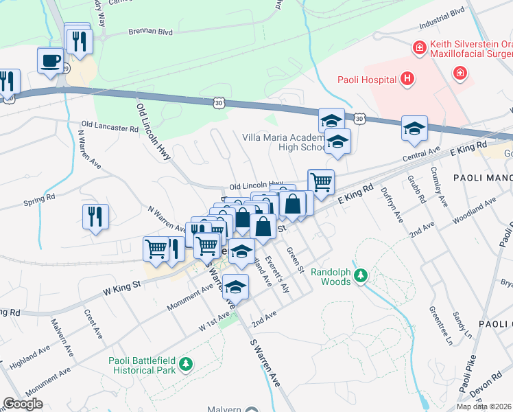 map of restaurants, bars, coffee shops, grocery stores, and more near East Broad Street in Malvern