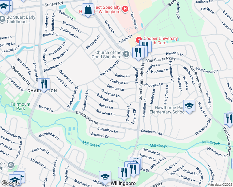 map of restaurants, bars, coffee shops, grocery stores, and more near 53 Berkshire Lane in Willingboro