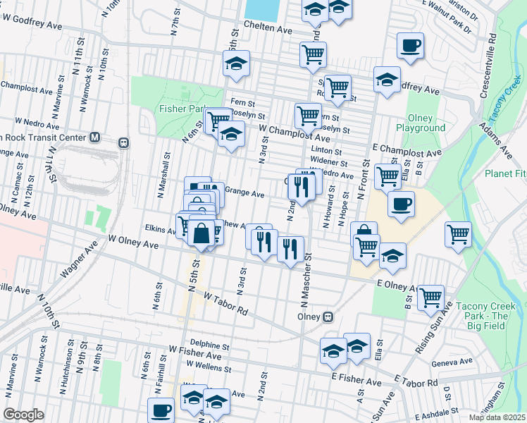 map of restaurants, bars, coffee shops, grocery stores, and more near 5720 North American Street in Philadelphia