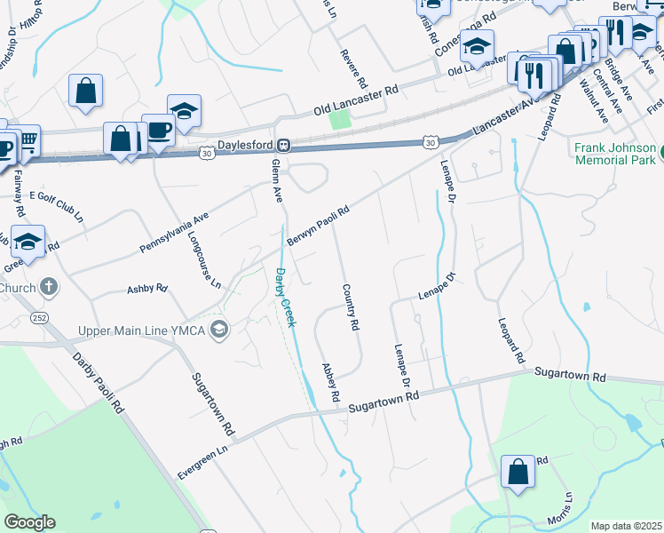 map of restaurants, bars, coffee shops, grocery stores, and more near 214 Country Rd in Berwyn