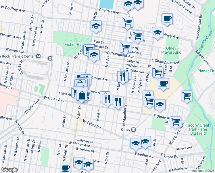 map of restaurants, bars, coffee shops, grocery stores, and more near 5720 North American Street in Philadelphia