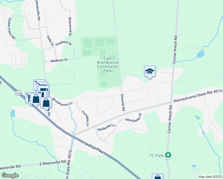 map of restaurants, bars, coffee shops, grocery stores, and more near 422 Dilworth Road in Downingtown