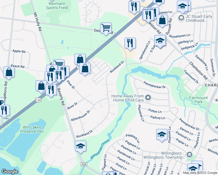 map of restaurants, bars, coffee shops, grocery stores, and more near 63 Rockland Drive in Willingboro