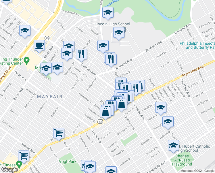map of restaurants, bars, coffee shops, grocery stores, and more near 3400 Cottman Avenue in Philadelphia