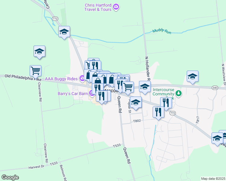 map of restaurants, bars, coffee shops, grocery stores, and more near in Intercourse