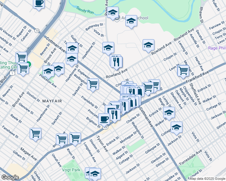 map of restaurants, bars, coffee shops, grocery stores, and more near 3400 Cottman Avenue in Philadelphia