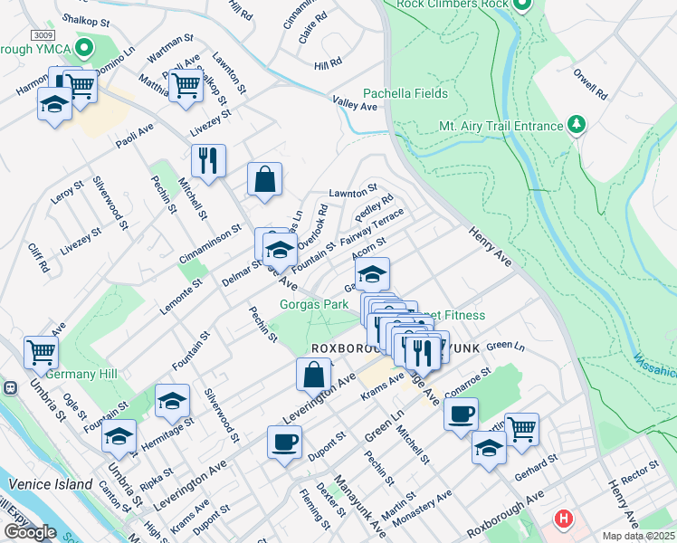 map of restaurants, bars, coffee shops, grocery stores, and more near 525 Acorn Street in Philadelphia
