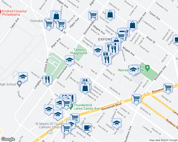 map of restaurants, bars, coffee shops, grocery stores, and more near 1281 McKinley Street in Philadelphia