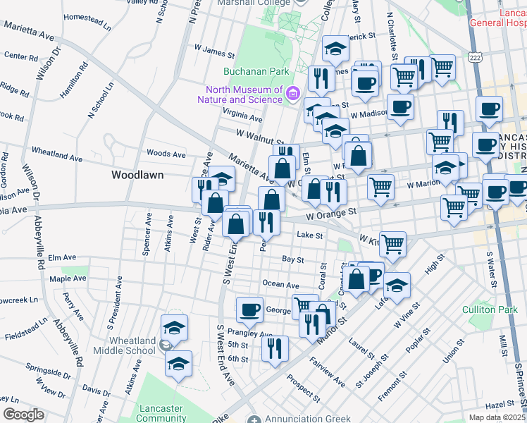map of restaurants, bars, coffee shops, grocery stores, and more near 813 Columbia Ave in Lancaster