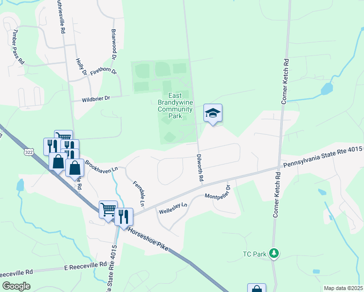 map of restaurants, bars, coffee shops, grocery stores, and more near 422 Dilworth Road in Downingtown