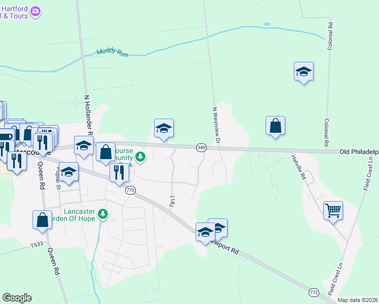 map of restaurants, bars, coffee shops, grocery stores, and more near 3 Canterbury Place in Gordonville
