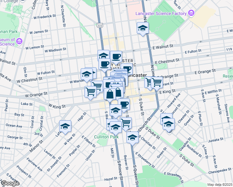map of restaurants, bars, coffee shops, grocery stores, and more near 10 North Market Street in Lancaster