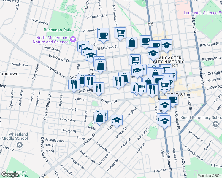 map of restaurants, bars, coffee shops, grocery stores, and more near 448 West Orange Street in Lancaster
