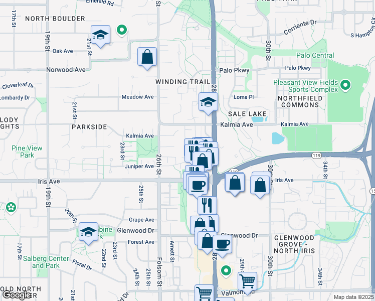map of restaurants, bars, coffee shops, grocery stores, and more near 2685 Juniper Avenue in Boulder